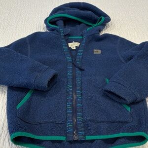 MEC Kids Navy Fleece Hoodie with Green Patterned Trim